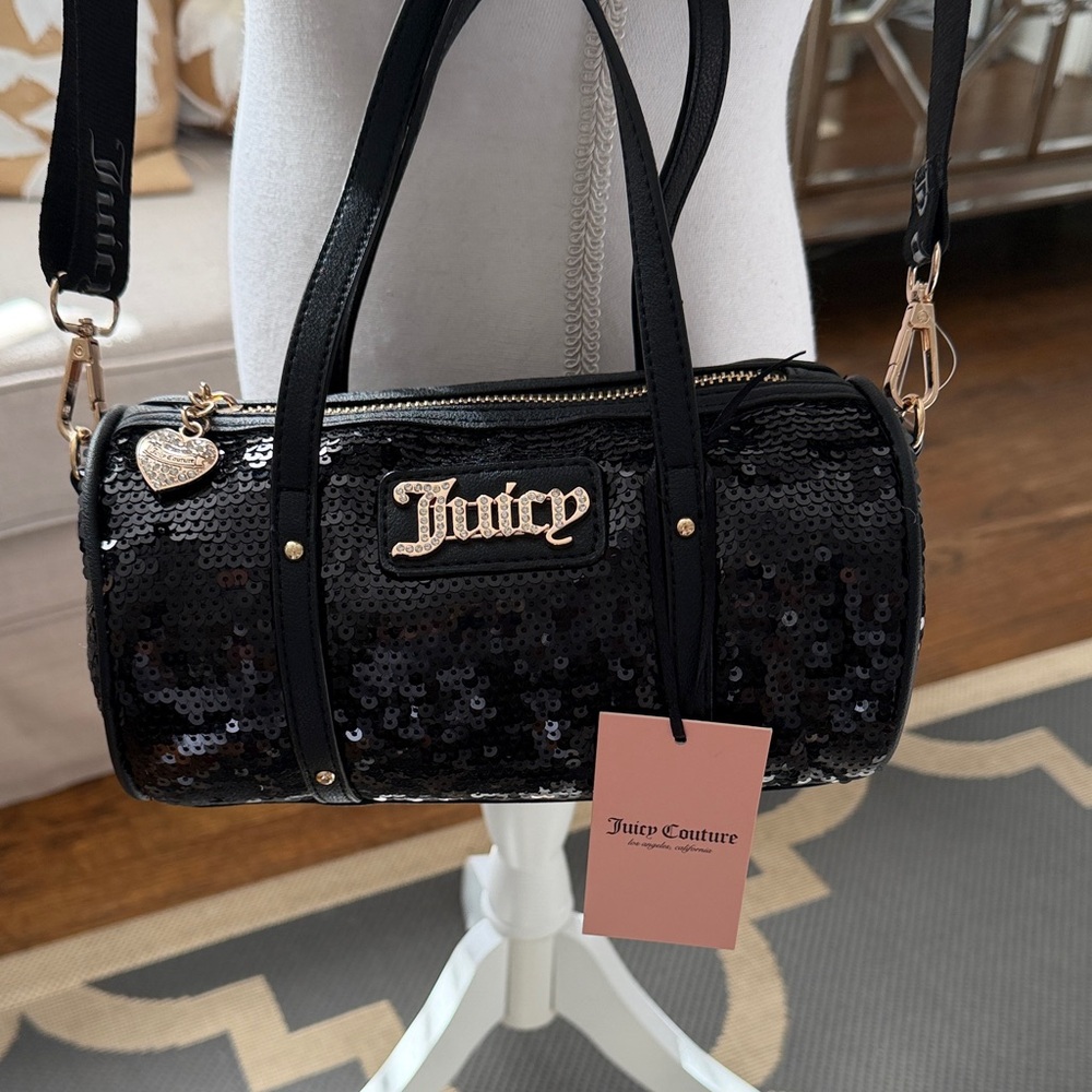 Juicy Couture NWT Black Sequin Shoulder Barrel Bag Gold Trim & Zipper Adorable!